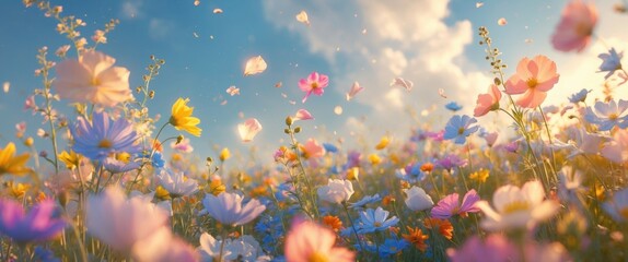 Poster - colorful wildflower meadow under a bright sky with scattered clouds during daylight hours