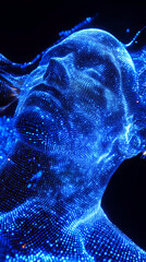 Poster - Close-up of a digital human face made of glowing blue lines and particles, symbolizing the concept of virtual reality, digital transformation, and artificial intelligence.