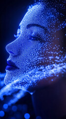 Poster - Close-up of a woman's face with glowing blue digital network lines and particles, symbolizing virtual reality, digital transformation, and the intersection of technology and human life.
