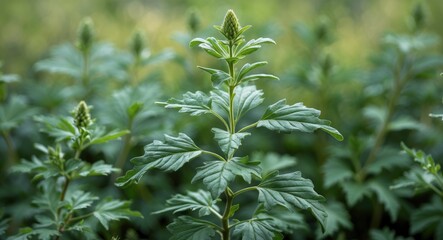 Poster - Green plant with detailed leaves and emerging flower buds in a blurred background of foliage, natural outdoor setting.