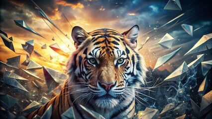 Poster - Shattered Platinum Glass Tiger Sculpture: Double Exposure Abstract Art