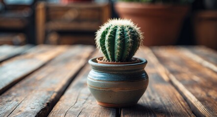 Wall Mural - Cactus in a ceramic pot placed on a wooden table with blurred rustic background and natural light