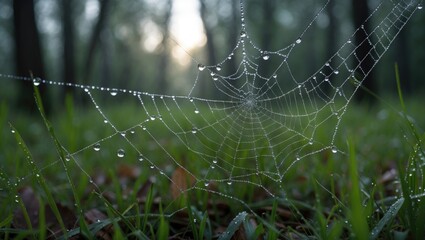 Poster - dew-covered spider web in a forest setting with green grass and soft blurred background in early mor