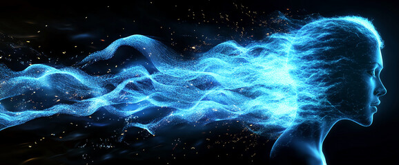 Poster - A digital illustration of a glowing blue human silhouette with a flowing wave-like energy emitting from the head, symbolizing abstract thought, creativity, and futuristic concepts.
