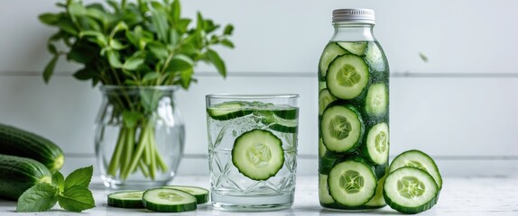 Poster - Cucumber and mint infused water in a glass and bottle with fresh cucumbers on a light background