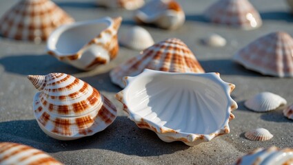 Poster - collection of decorative ceramic seashells arranged on sandy surface during daylight