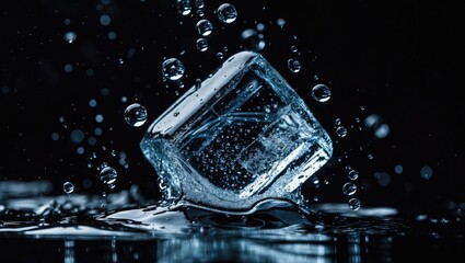 Poster - Ice cube splashing into water creating bubbles and ripples on a dark background