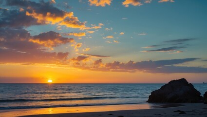 Poster - Beach sunset with colorful clouds reflecting on calm water and rock formations in the foreground during golden hour.