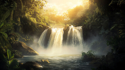 Poster - A tranquil scene of a cascading waterfall surrounded by lush greenery and mist, bathed in soft sunlight, showcasing the beauty of nature and serenity in a tropical jungle setting.