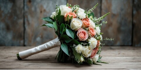 Wall Mural - Bridal bouquet composed of white and peach roses with greenery on rustic wooden background