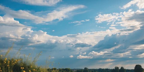 Poster - Blue sky with white clouds and distant landscape featuring wildflowers and trees under natural light