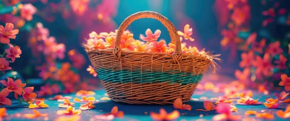 Wall Mural - Woven basket filled with colorful flower petals surrounded by a vibrant floral background and soft lighting effects