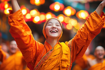 joyful monk traditional orange robes celebrates vibrant lanterns