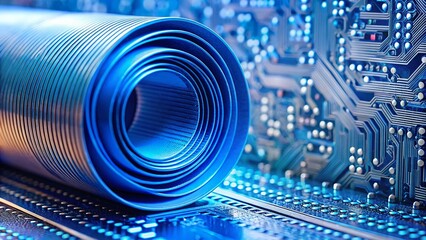 Poster - Surreal Blue Flexible Circuit Board Roll Abstract Tech Background Stock Photo