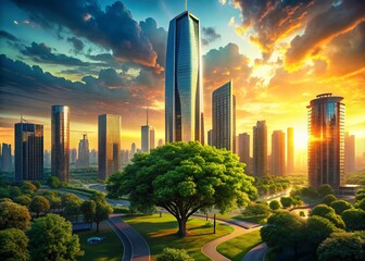 Poster - Surreal Cityscape: Giant Green Tree Beside Modern Skyscraper
