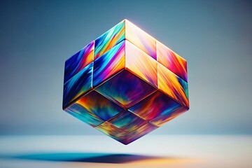 Poster - Surreal Floating Cube: Isolated White Background Abstract 3D Geometry