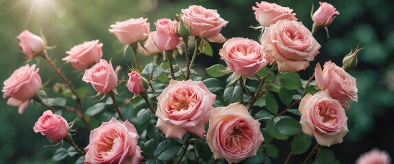 Canvas Print - Pink roses blooming in lush green garden with sunlight illuminating petals natural beauty and vibrant floral arrangement