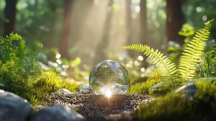Wall Mural - save the clean planet concept with crystal earth on soil in a forest, celebrating earth day