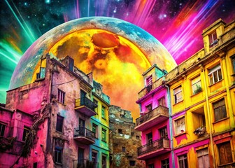 Poster - Surreal Pink Yellow Geometric Moon Sun Rainbow Urban Exploration Collage