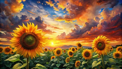 Poster - Surreal Sunflowers: Abstract Meadow Painting, Vibrant Orange Sky