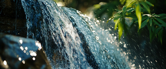 Aufkleber - close-up of water flowing over rocks in a natural waterfall, with sunlight creating sparkling drople