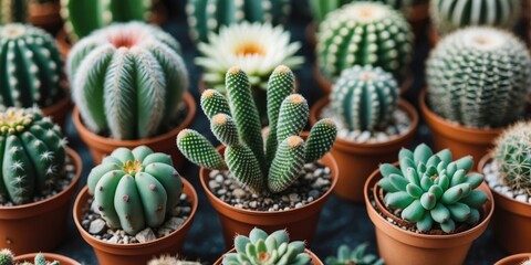 Poster - various cacti and succulent plants in terracotta pots arranged on a dark background decorative indoor gardening concept