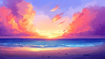 Wall Mural - vibrant sunset over tranquil ocean waves and serene beach scene