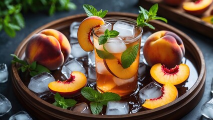 Wall Mural - Fresh peach iced tea with mint leaves and ice cubes on a wooden tray accompanied by whole peaches and peach slices.