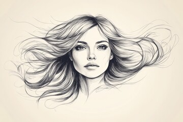 Poster - Captivating sketch of a woman with flowing hair radiating elegance and grace in a minimalist style