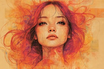 Aufkleber - Vibrant portrait of a young woman with flowing hair against an abstract background