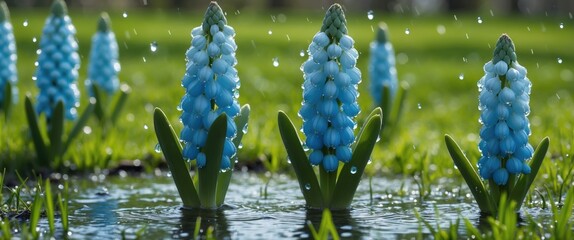Poster - Blue artificial flowers with water droplets in a green field under natural light with grass in a blurred background.