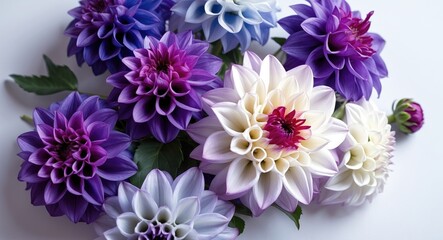 Poster - assorted dahlias in shades of purple and white arranged with green leaves on a neutral background