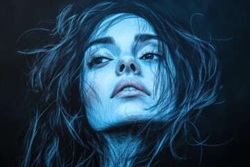Poster - Portrait of a woman with flowing dark hair and penetrating gaze, rendered in deep blue tones