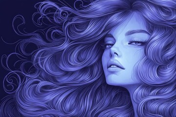 Poster - Portrait of a woman with flowing purple hair against a dark background in an artistic style showcasing beauty and elegance