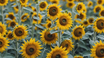 Wall Mural - Field of vibrant sunflowers with green leaves under natural light creating a colorful floral landscape in a farming environment