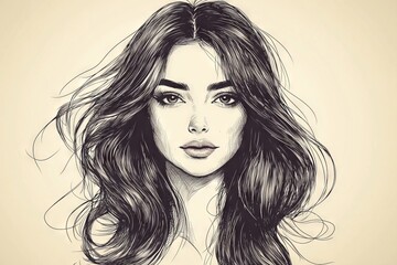 Poster - Portrait of a woman with flowing hair in an artistic black and white sketch style illustrating beauty and grace