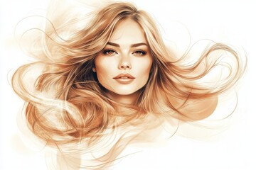 Poster - Cascading blonde hair of a young woman with soft features and a gentle expression blends with flowing artistic lines