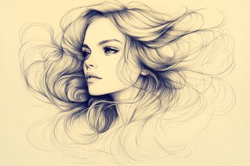 Poster - Elegant portrait of a young woman with flowing hair captured in intricate line art showcasing beauty and grace