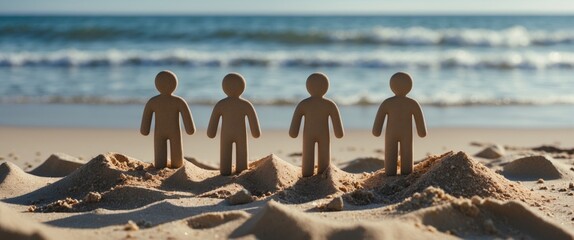 Poster - wooden figurines standing on sandy beach with ocean waves in background during daylight.