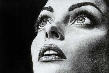 Leinwandbilder - Portrait of a woman gazing upwards with detailed facial features and expressive eyes in a dramatic monochrome style
