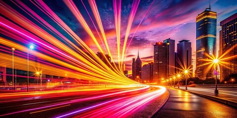 Poster - Vibrant Neon Lines Night Photography Background - Pink, Orange, Yellow Radiance