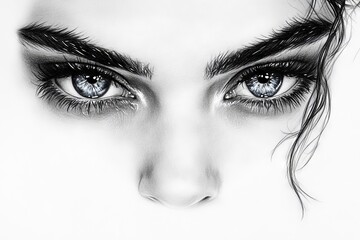 Poster - Detailed portrait showcasing striking blue eyes and delicate features of a young person with intense expression