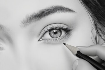 Poster - Detailed pencil drawing of a female eye showcases artistic skill and precision in a monochrome style