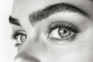 Poster - Intricate pencil drawing of a young woman's captivating eyes showcasing detailed eyelashes and striking irises