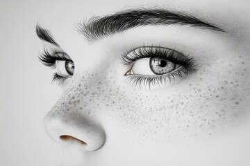 Poster - Close-up of a youthful face showcasing intricate details around the eyes and freckles with a soft overall finish