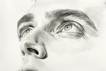 Poster - Detailed pencil drawing of a man looking upwards with a thoughtful expression and intense gaze
