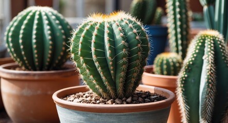 Wall Mural - Cacti in decorative pots with sunlight highlighting spines and textures in a garden setting. Various species visible in background.