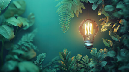 Wall Mural - green background with an eco-friendly lightbulb and plants, representing renewable and sustainable e