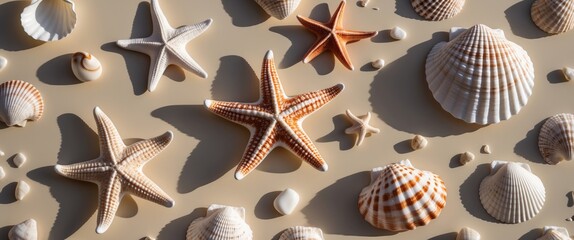 Poster - sea shells and starfish arranged on a sandy surface illuminated by natural light creating a coastal 