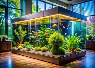 Poster - Vibrant Tropical Fish Aquarium Architectural Design, Modern Glass Tank Showcase